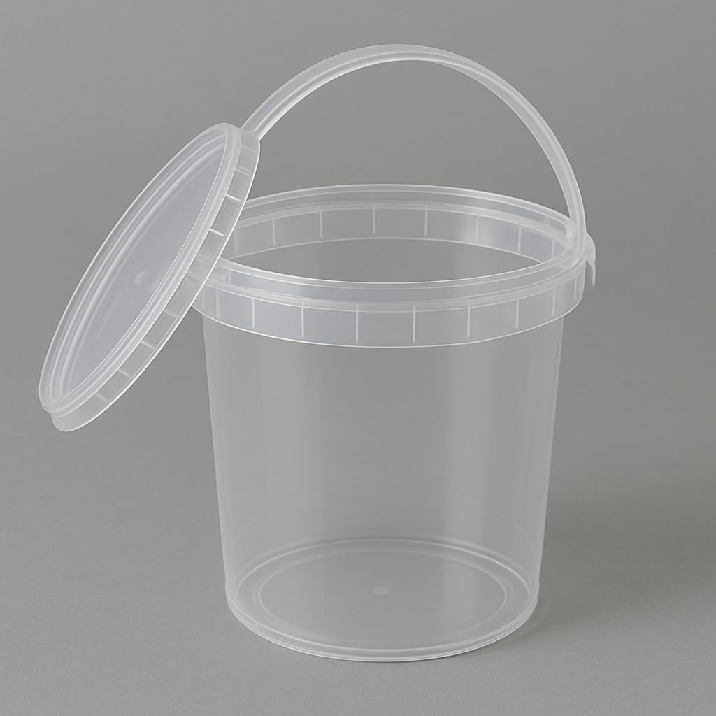Cubo de plástico transparente con tapa, 2,3 litros, 100 unidades, apto para alimentos, estable, hermético, con asa, vacío