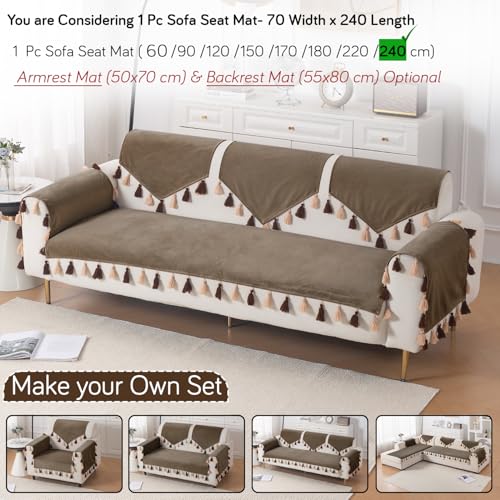 Image of HOKIPO Sofa Cover Mat with Tassel for 1 /2 /3 Seater & L Shape Sofa | DIY Sofa Cover Set | Dyed Holland Velvet | 'TasselTone Series' 70(W) x 240(L) cm |Coffee Brown (IN-1111-CF)