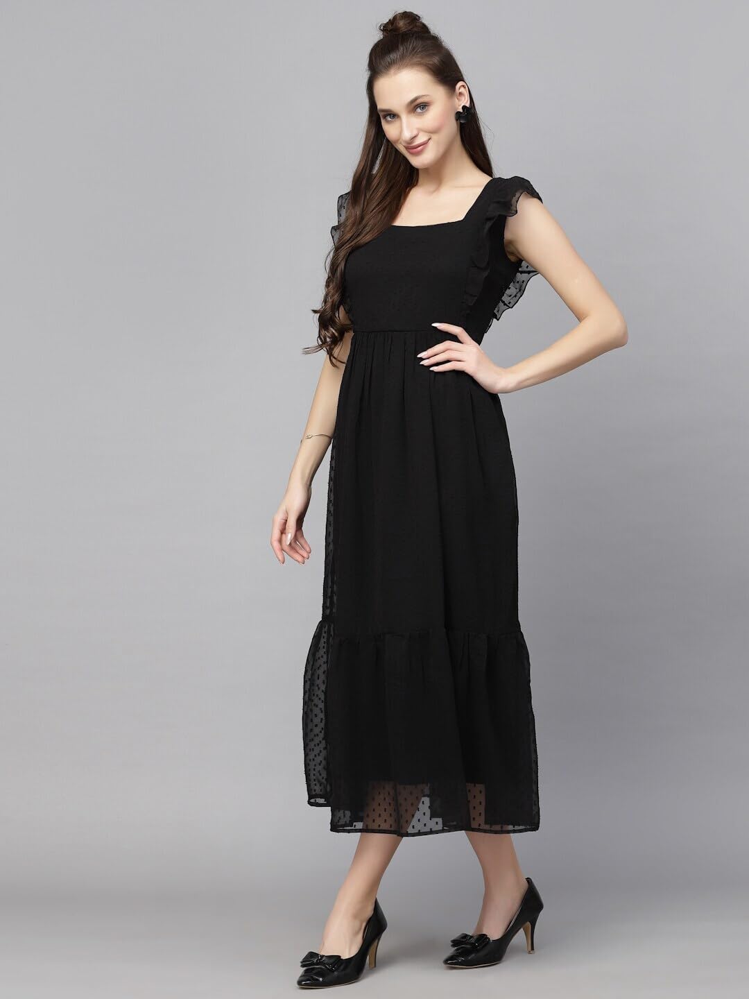 Avanova Georgette Jacquard Butti Black Square Neck Knee Length Western Dresses For Women (Dress 89 Black M)