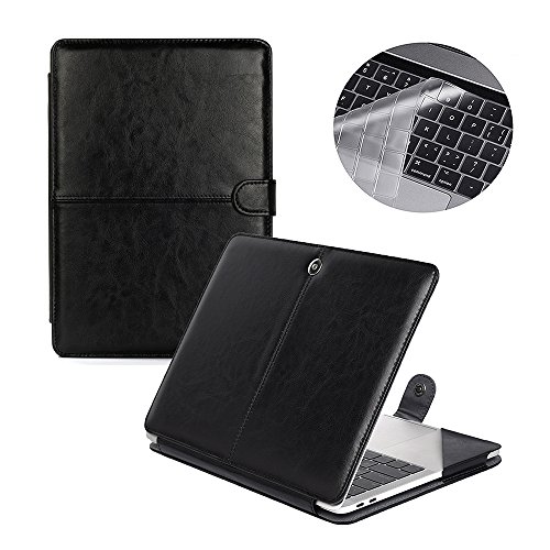 Se7enline Compatible with MacBook Pro 15 inch Case A1707/A1990 2016/2017/2018/2019 PU Leather Book Case Sleeve Carrying Cover Folio Case with Transparent Keyboard Cover Skin,Black