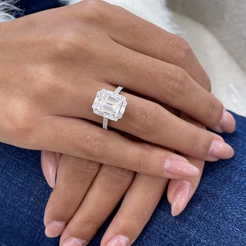 14K White/Yellow Gold Moissanite 3.15 TCW (2.5ct Center, VVS1 Clarity, D-E Color Emerald Shape) Engagement Ring With Baguette & Round Shaped Side Stones Promise Rings Gift For Her Rings For Women2