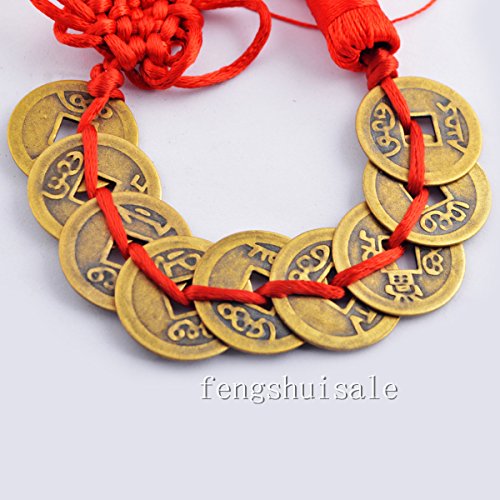 Feng Shui Nine Brass I Ching Coins Charm with Chinese Knot+ Free Fengshuisale Red String Bracelet Y12253