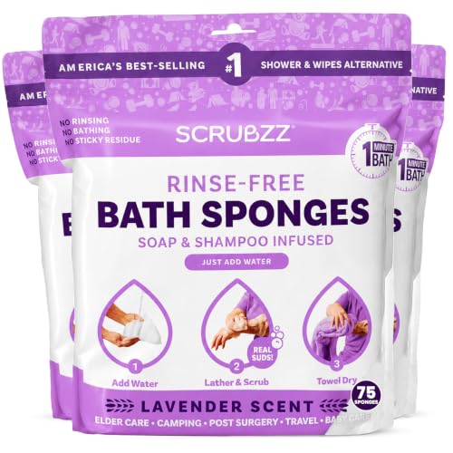 Scrubzz Disposable No Rinse Bathing Wipes - All-in-1 Single Use Shower Wipes Simply Dampen Lather and Dry Without Shampoo or Rinsing (Lavender 3-Pack)