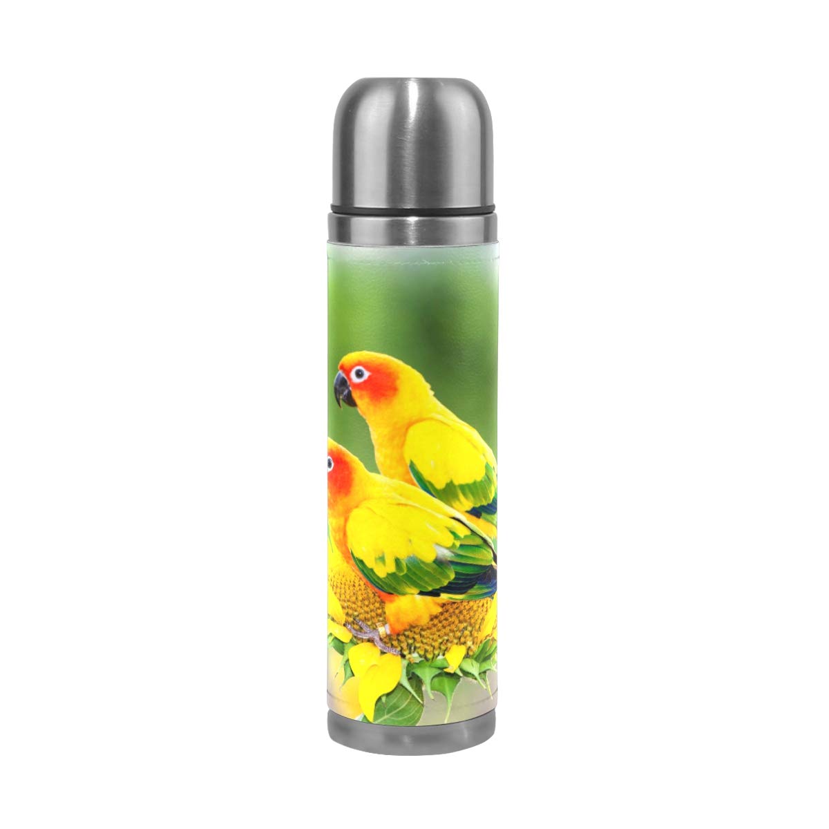 Taza de viaje de acero inoxidable con aislamiento al vacío, doble pared, a prueba de fugas, diseño de girasol, colorido loro, impreso personalizado, termo envuelto en piel auténtica, 500 ml