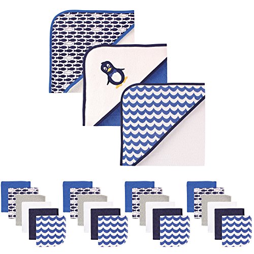 Luvable Friends Baby Hooded Towel and Washcloth Set, 27 Piece, Boy Penguin