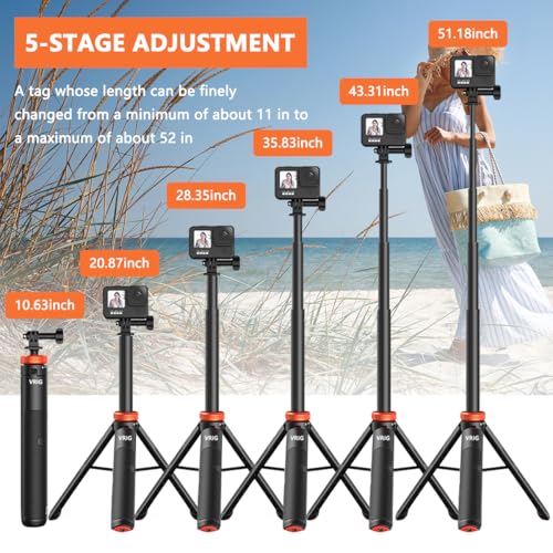 VRIG Extendable Selfie Stick Tripod for Gopro Hero 10/9/8/7/6/5 Black/Gopro Max DJI Osmo Action,Insta 360 AKASO Action and More Action Camera (T3)