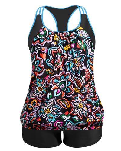 Image of Holipick Plus Size Tankini Swimsuit for Women Two Piece Tummy Control Bathing Suit Blouson Racerback Tankini Top with Shorts