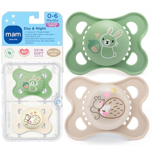 Image of MAM Original Baby Pacifiers 0-6 Months, Binky for Newborn Babies, BPA-Free Skin Soft Silicone Nipple, Glows in The Dark, Developed with Medical Experts, 2 Count, Made in Europe