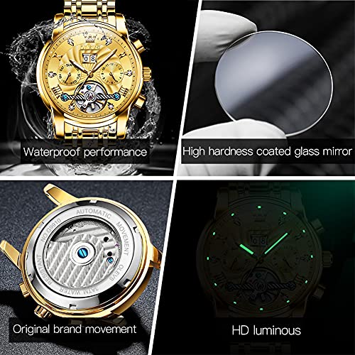 Olevs Watch Men Gold Watches For Men Automatic Gold Dress Men's Watches Mechanical Waterproof Watches For Men Self Winding Men Stainless Steel Luxury Wrist Watch With Date Day Mens Fashion Tourbillon Business Watch #TOP3