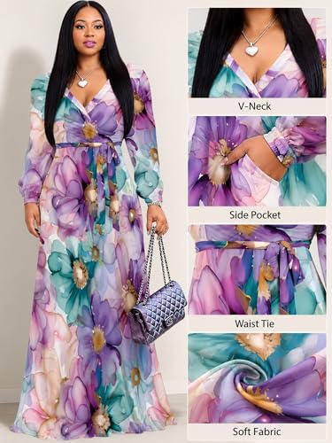 Image of PinkPatty Women's Long Sleeve Maxi Dress Plus Size Trendy Wedding Guest Dress with Pockets&Belt