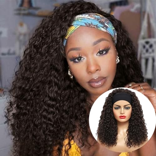 SOKU Haarband, pruiken voor vrouwen, synthetisch, bohemian golf, voor zwarte vrouwen, 50,8 cm, lang, krullend, 150% dichtheid, wrap, voorgebonden pruik, lijmloze haarband, gemaakt met