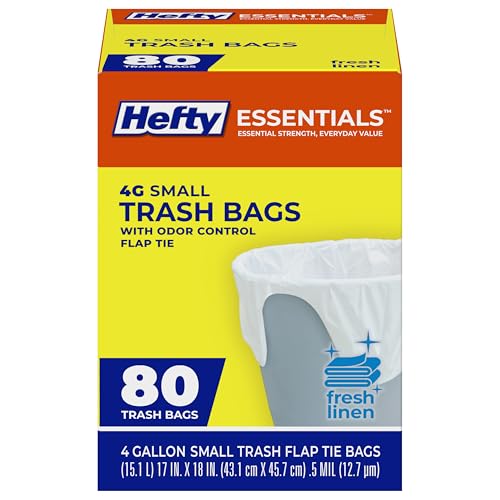 Image of Hefty Essentials 4 Gallon Trash Bags, White, Fresh Linen Scent, 80ct | Bulk Pack, 4G Small Trash Bags for Bathrooms, Bedrooms, Dorm Rooms, Home Offices, Flap Tie Closure, Fits Small Wastebaskets