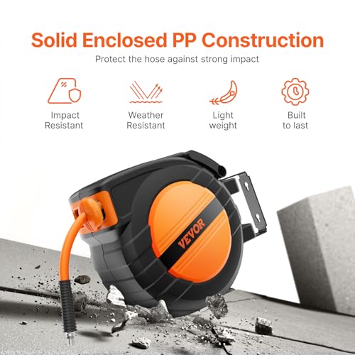 VEVOR Druckluft Schlauchtrommel, 9,52 mm x 15,24 m Luftschlauch, max. 300 PSI, Schlauchaufroller mit automatischem Aufrollen, Decken-/Wandmontage, geschlossene PP-Rolle & 180°-Schwenkhalterung