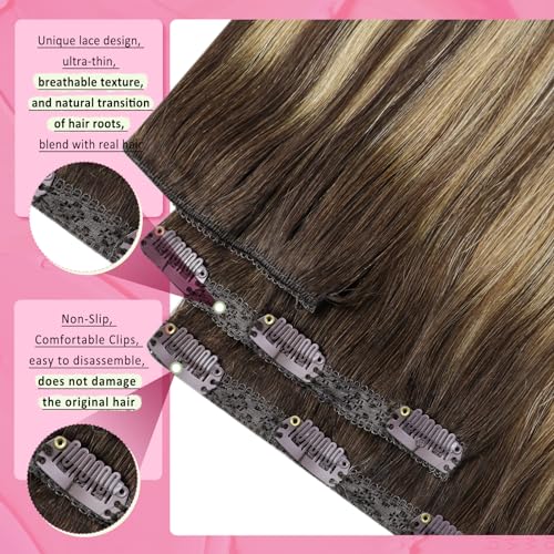 Image of YoungSee 150G Clip in Hair Extensions Human Hair Balayage Brown Hair Extensions Clip ins, Easy to Wear Clip in Extension Real Human Hair for Women Balayage Dark Brown Mix Caramel Blonde 24 Inch 7pcs