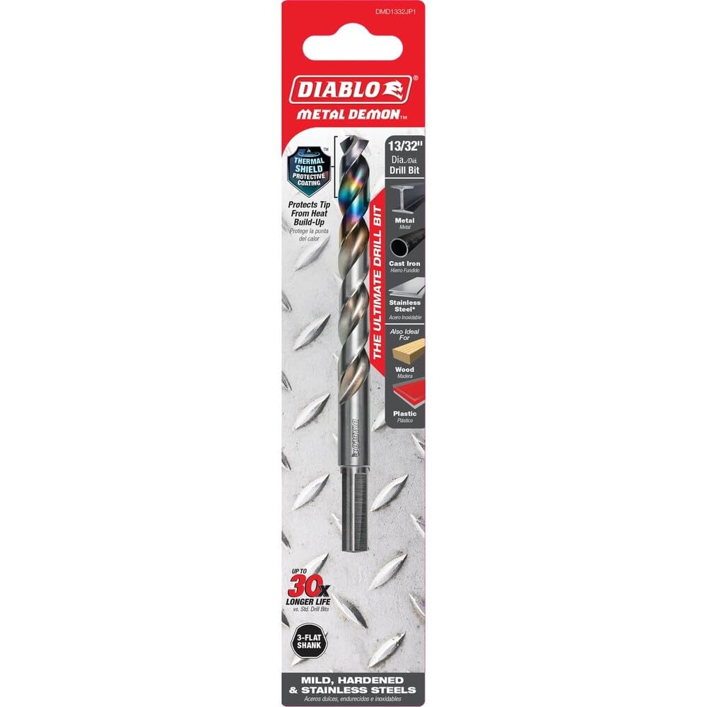 Diablo Metal Demon Drill Bits - 13/32" Diameter, 5.2" Length | 3-Flats Reduced Shank, For Mild, Hardened and Stainless Steels - DMD1332JP1