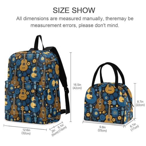 Cartoon Guitar Print Backpack Set with Lunch Bag, Large Capacity Travel Backpacks and Lunch Box Insulated for Commute Hiking Picnic2