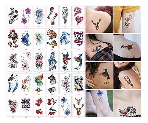 PINYUE (E) 30 temporary tattoo stickers, color tattoo stickers on arm, chest and body, animals, flowers, unisex