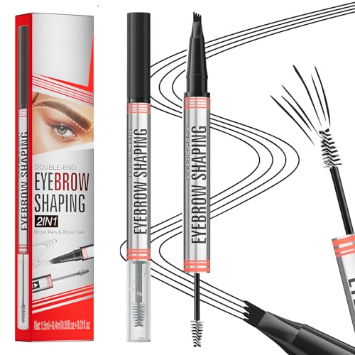 MOTIBACK Microblading - Lápiz de cejas líquido 2 en 1 con punta de 4 puntas y peine, resistente al agua, para dibujo de pelo natural (negro)