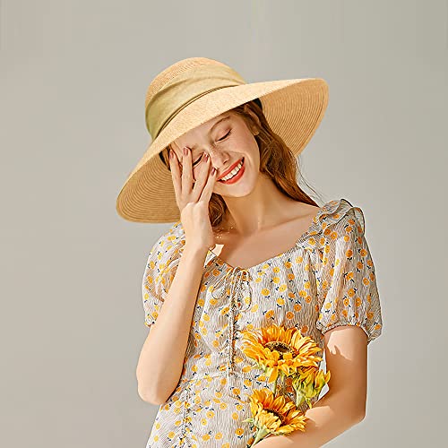 Womens Beach Sun Straw Hat Wide Brim Uv Upf50 Travel Foldable Bow-Knot Summer Uv Hat Khaki #TOP5