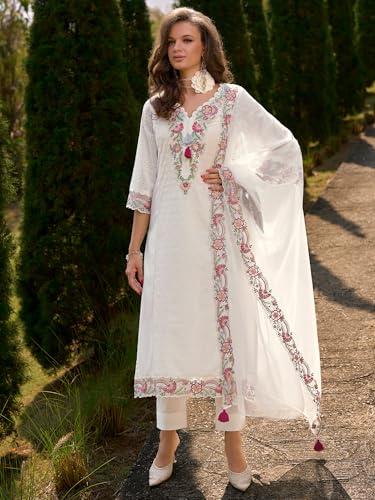 Image of INDO ERA Women's Pure Cotton Floral Embroidered Straight Kurta & Pant with Dupatta Set | Cotton Kurta Set For Woman