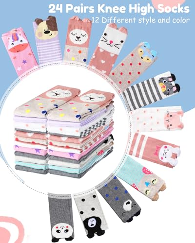 Suhine 24 Pairs Girls Knee High Socks Kids Funny Animal Long Boot Tall Socks Gift Sock for Girls Kids Toddlers, 12 Styles4