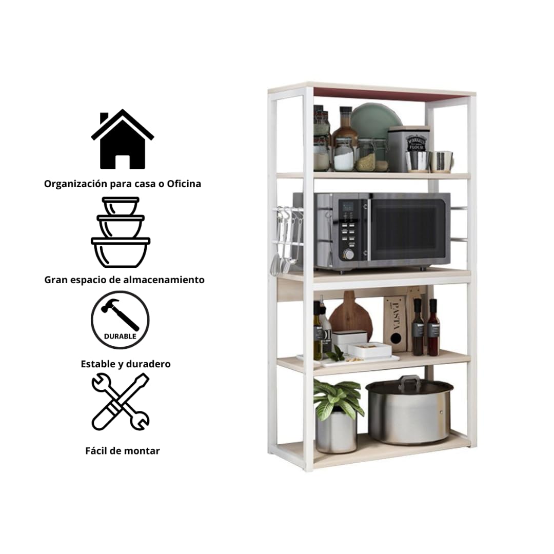 Meyvaser Estantería de Cocina, Unidad de Cocina Alta con estantes de Almacenamiento, Marco de Metal Blanco, Estante Industrial para microondas 50x30x130 Cm Color Natural y Blanco