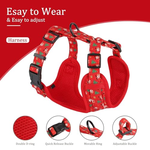 Beirui Christmas Dog Collars, Harnesses & Leashes Set - Cute Girl Dog Collar and Leash Set with Flower - Soft Mesh Dog Vest Harness for Puppies Small & Extra Small Dogs(Christmas Red,S) - Thumbnail 2