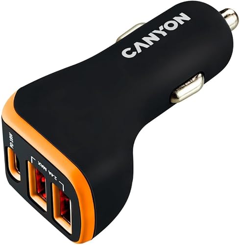 Canyon C08 Car Charger, PD 18W USB-C 2USB-A, Black/Orange