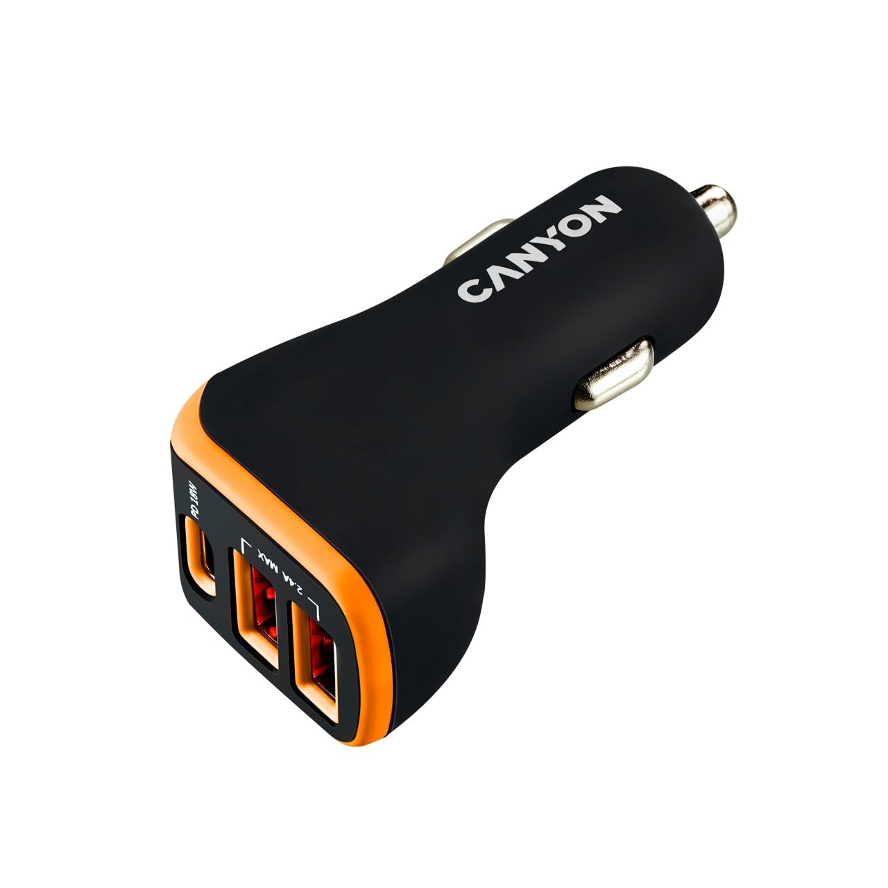 CANYON Cargador de Coche de 3 Puertos 2X USB-A, USB-C 18W PD, Negro/Naranja