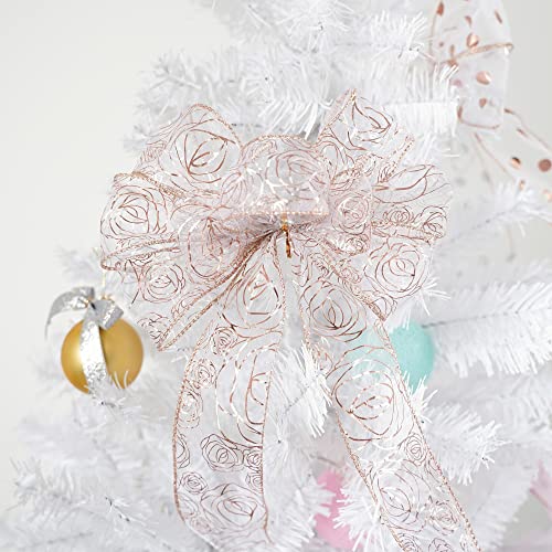 Meedee Rose Gold Ribbon Wired Rose Ribbon Wedding Wired Ribbon 2.5 Inch Shimmer Organza Ribbon With Wire Pink Sheer Ribbon For Wedding Gifts Wrapping Wreath Garland Staircase Porch Decor (25 Yards) #TOP4