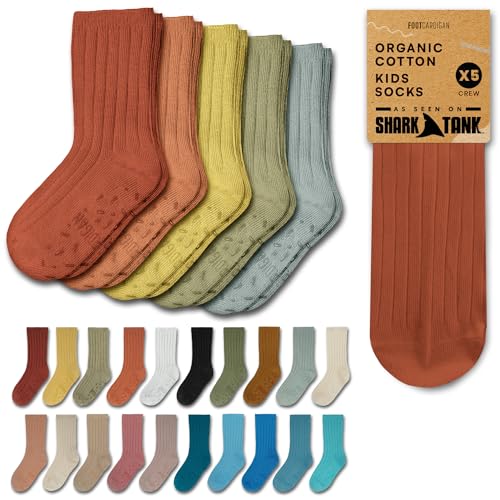 Foot Cardigan Organic Cotton Kids Socks, Non Slip Grip Crew, 5 Pairs Boys Girls Toddler to Teen Ages 2-63