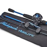 Shakespeare Agility Travel Low Profile Baitcast Reel and 6'6' Fishing Rod Combo, Right Handle Position, 90mm Handle with Large Knobs for Extreme Torque, Multi-Disk Drag System
