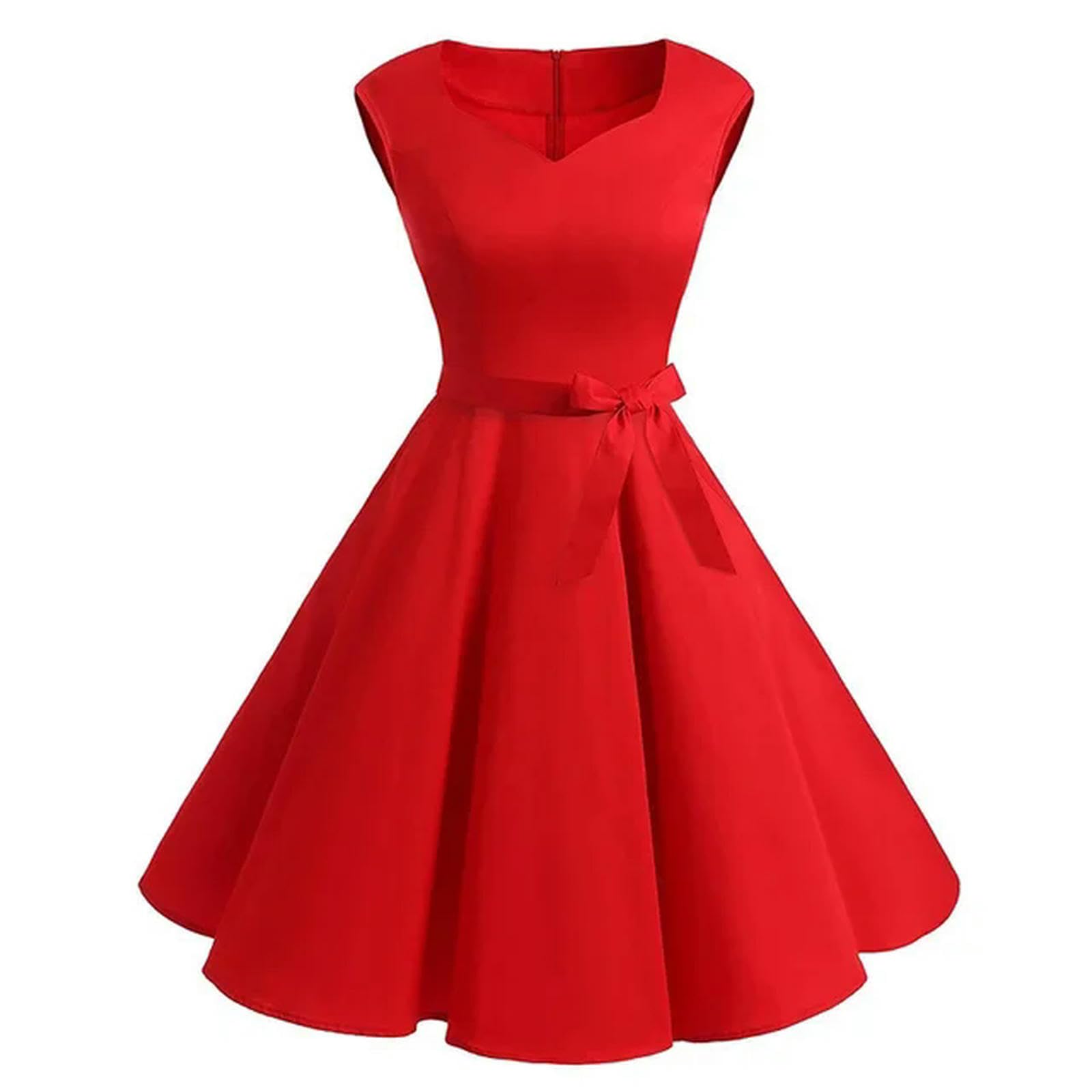 Generic Vestido de Verano para Mujer, Elegante, Retro, años 50, 60, Rockabilly, Swing, Vestidos Pin up, Informal, Cuello en V, Fiesta roja