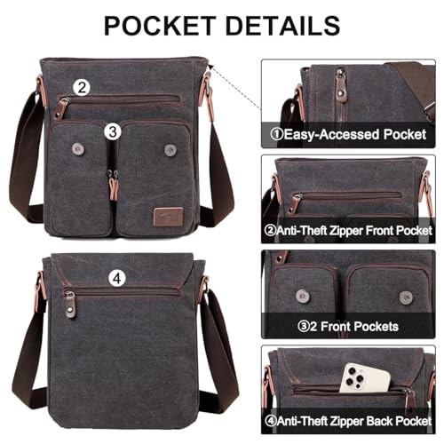 Kasqo Small Messenger Bag for Men, Vintage Canvas Crossbody Shoulder Bags for Women, Anti-Theft Purse for Travel Work4