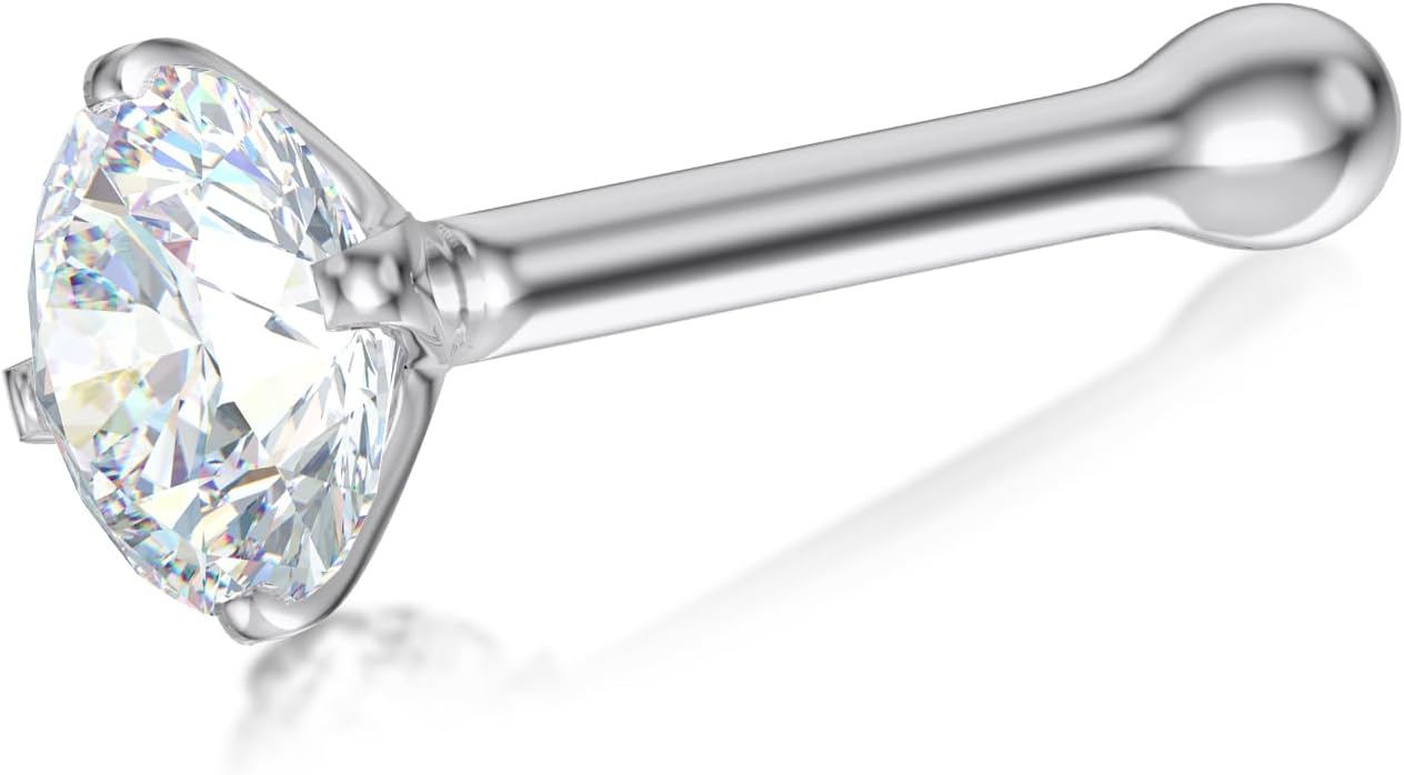 EternalDia IGI Certified 1.5mm/1.7mm/2mm Diamond Nose Stud With Ball / 14K Gold Nose Stud in 20 Gauge/Nose Ring Bone Diamond Color-I-J, Diamond Clarity- I2-I3 For Women