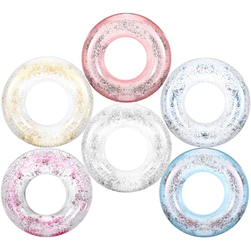 6 Pcs Glitter Pool Floats Inflatable Pool Tube Transparent Swimming Ring Bachelorette Party Floatie Colorful Disco Inner Tube for Adults, Bride Wedding Engagement Beach Party Favors