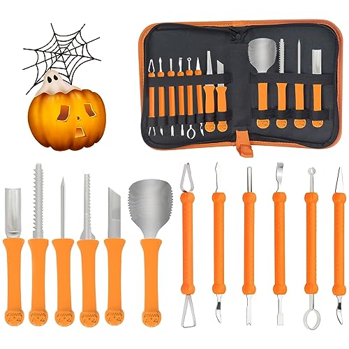 13 PCS Pumpkin Carving Kit Tools Halloween, Professional Heavy Duty Carving Set with Detail Sculpting Tools, Double-side Stainless Steel Knife Set with Carrying Case for Halloween Decoration