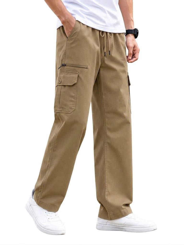 Men's Cargo Trouser for Men | Casual Utility Pants | Cotton Blend Relaxed Fit Elastic Waist Drawstring Multi Pocket Bottom Wear for Outdoor, Streetwear, Daily & Travel Wear-picture-48