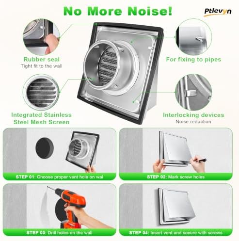 PTLEVYN 4-inch dryer vent cover, stainless steel exterior wall vent, comes with removable louvered cap, bird screen, protective screws, and rubber gasket (Silver opens, 4-inch 100mm Bird Screen Mesh) - 2