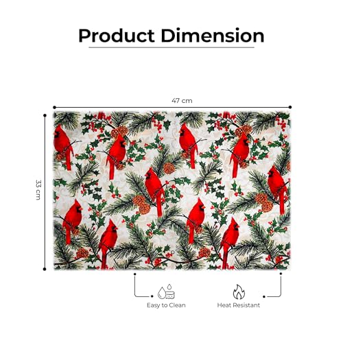 Image of Dining Table Mats Set of 4 with 135 cm Runner - Bird Red Green Christmas Theme,Digital Print, Washable, Indoor /Outdoor, Heat-Proof, Wipe & Clean (47X33 cm) Red & Green