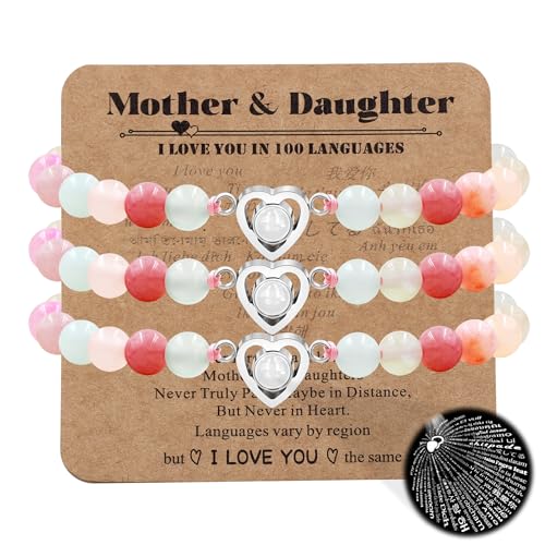 Image of Uloveido Mom Daughter Natural Stone Bracelets Gift - I Love You 100 Languages Bracelets Heart Charm Projection Bracelets Set for Mothers Daughters of 1 2 3pc YA4748