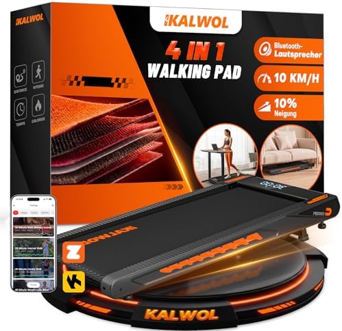 KALWOL Walking Pad mit Bluetooth Lautsprecher, 4 in 1 10km/h Laufband für Zuhause mit 10% Steigung, 2,75 HP bürstenloser Treadmill für Zuhause & Büro mit LED-Display, 12 HIIT-Progr