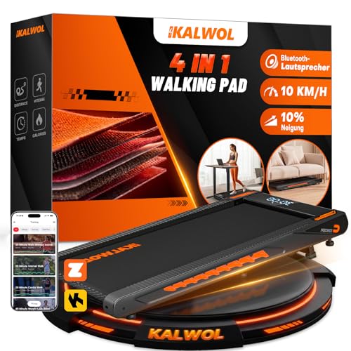 KALWOL Walking Pad mit Bluetooth Lautsprecher, 4 in 1 10km/h Laufband für Zuhause mit 10% Steigung, 2,75 HP bürstenloser Treadmill für Zuhause & Büro mit LED-Display, 12 HIIT-Programme, Bis 160 kg