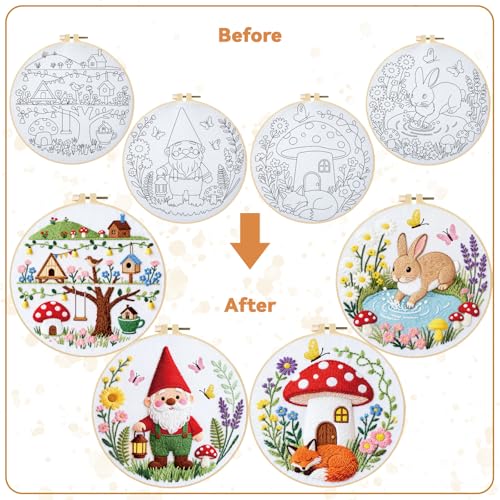 Image of BEUNITONE 4 Set Embroidery Kit for Beginners, Fairy Tale Pattern Cross Stitch Kits, Needlepoint Kits for Adults with Instructions and Full Kit, Funny Hand Embroidery Patterns for Cloth and Home Decor