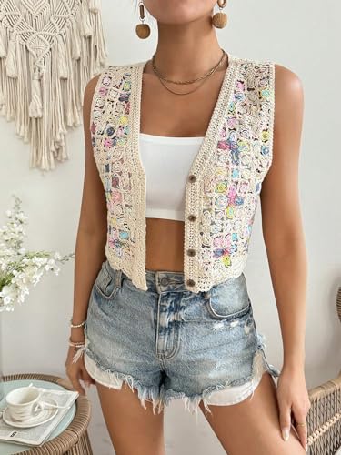 Verdusa Women's Hollow Out Crochet Button Front V Neck Sleeveless Knit Sweater Vest3