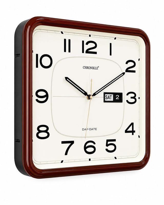 Image of Vintage Antique Designer Wall Clock with Day & Date Display ? 16 x 13.5 Inch Large Analog Wall Clock, Ivory Dial & Brown Plastic Frame, Silent Quartz Decorative Clock for Living Room, Office & Bedroom