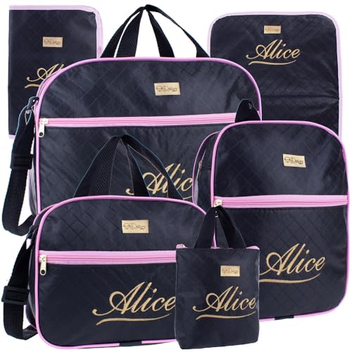 Kit Bolsas de Maternidade 6 Peças Personalizado com Nome - Versátil Moderno Menino/Menina (Preto com Rosa)