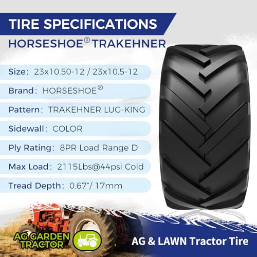 Image of HORSESHOE TRAKEHNER 2 New 23x10.50-12 / 23x10.5-12 8PR T148 Super Lug-King Ditch Witch Trencher AG Farm Lawn Tractor Tires 23105012 Color-Sidewall Heavy Duty (23x10.50-12 8Ply)