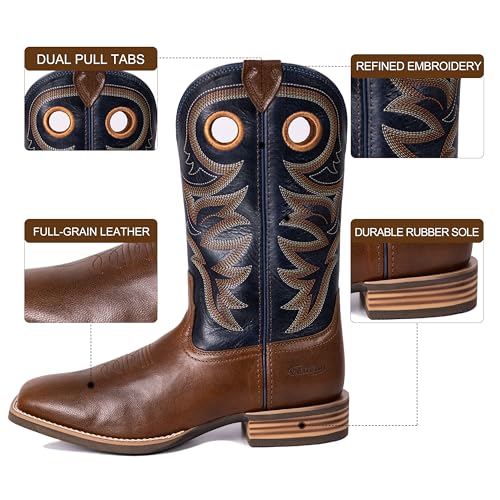 Men’s Western Cowboy Boots, Fashionable Embroidered Full Grain Leather, Square Toe Pull-On, 4-Layer Composite Sole, Slip-Resistant Work & Riding Boots (PLT103604)3
