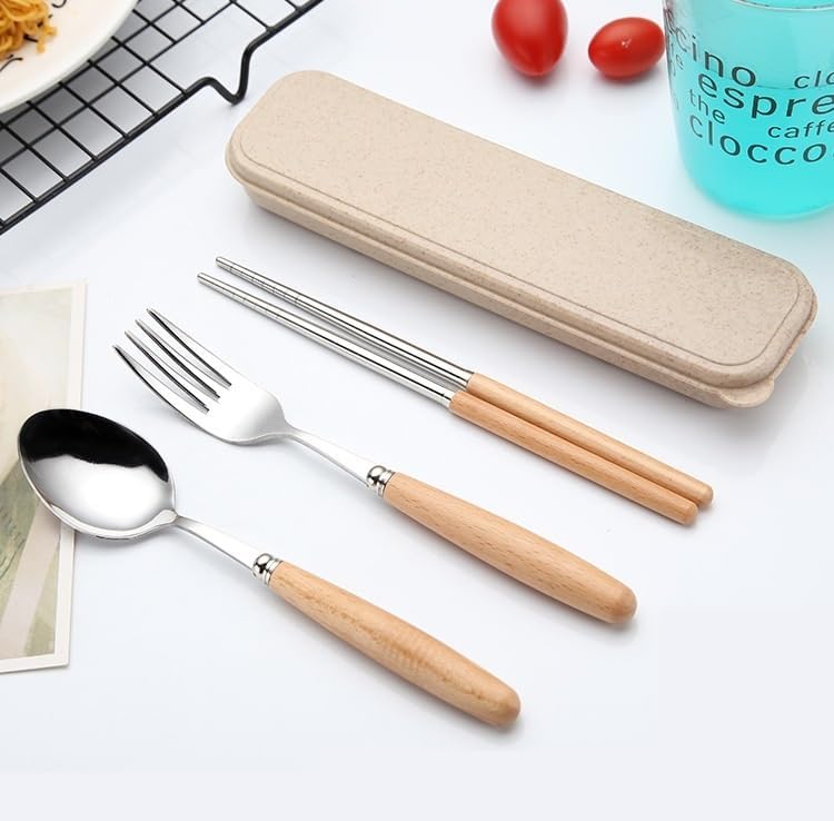 Silverware Flatware Cutlery Set, 1/4/6/8 Set Beech Wood Handle Tableware Student Outdoor Portable Stainless Steel Fork Spoon Chopsticks Set